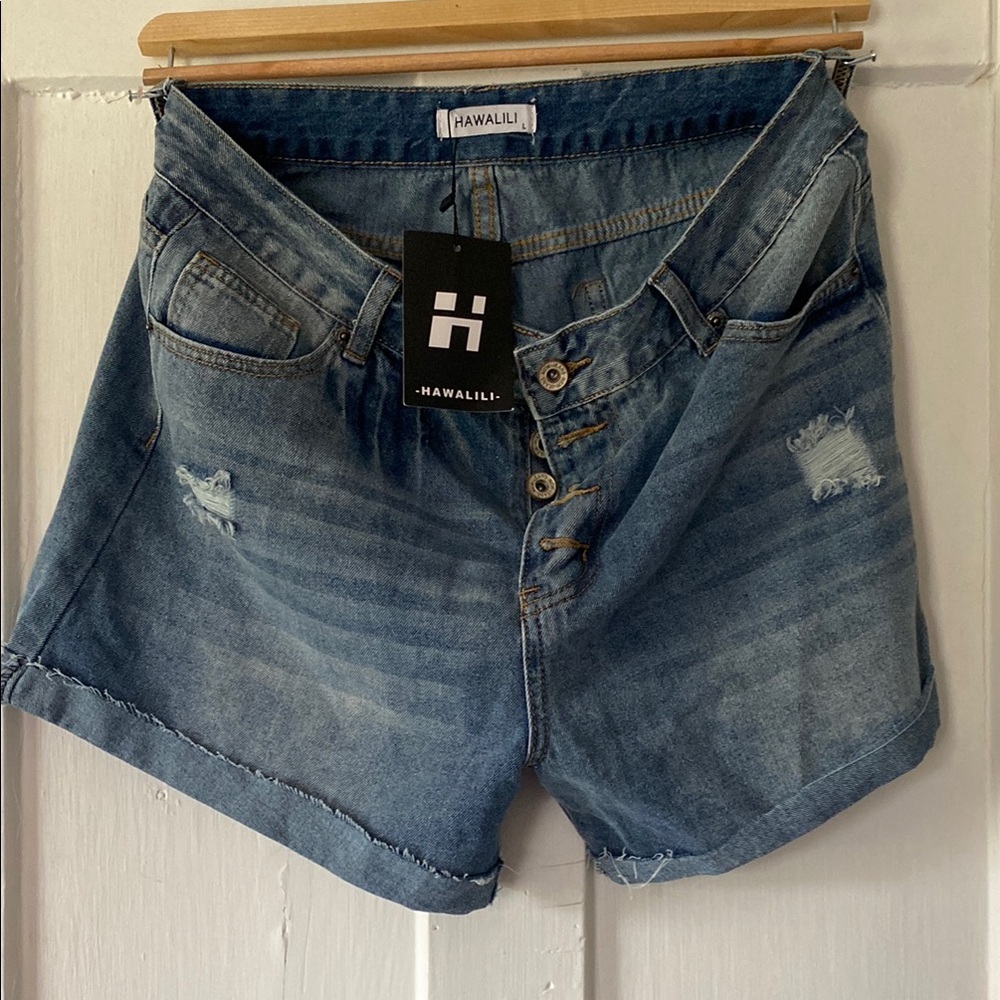 Blue Distressed Jean Shorts with Cuffed Hem